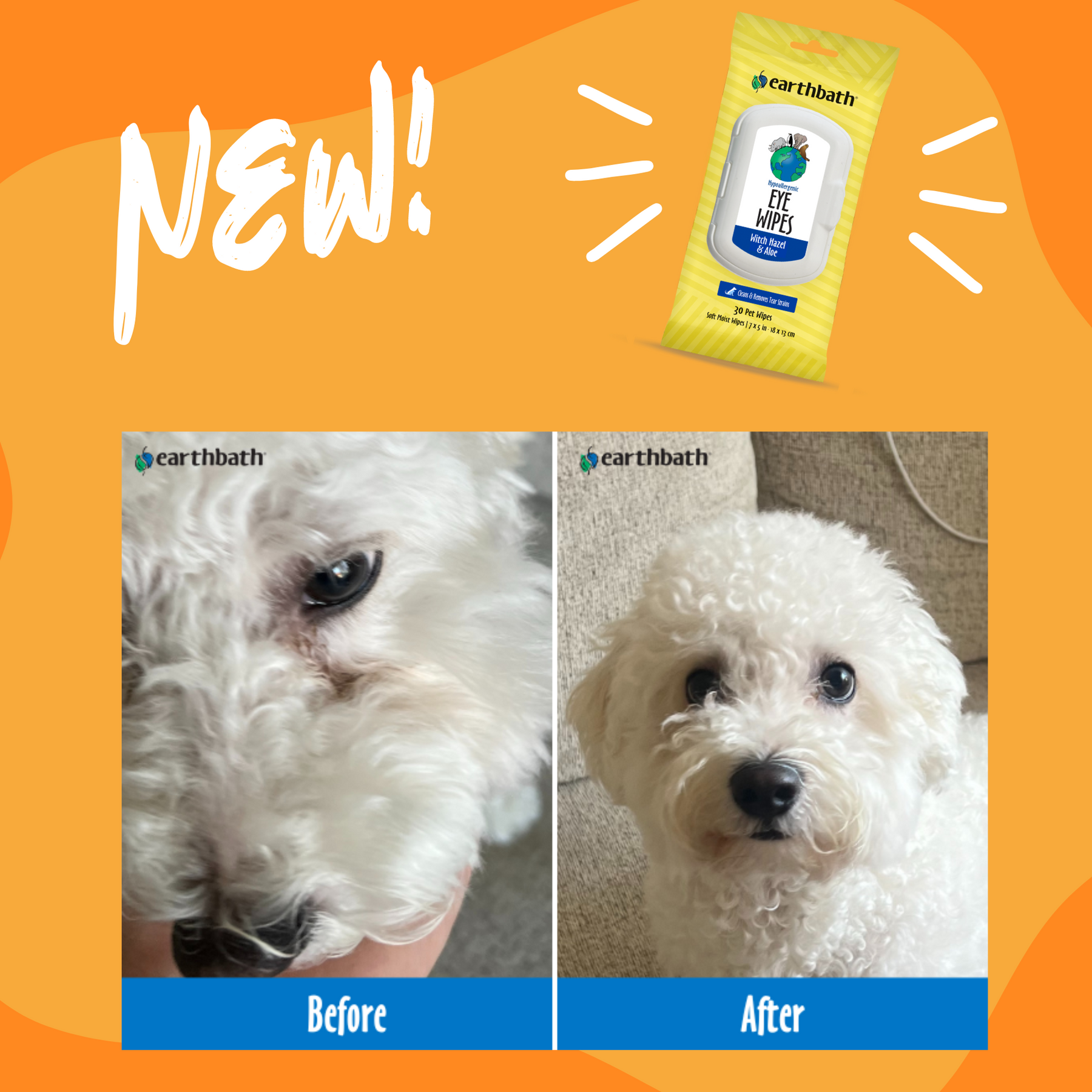 Before & after dog using Hypoallergenic Eye Wipes