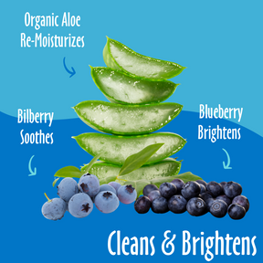 Cleans & Brightens elements like organic aloe, blueberry and bilberry and their benefits.