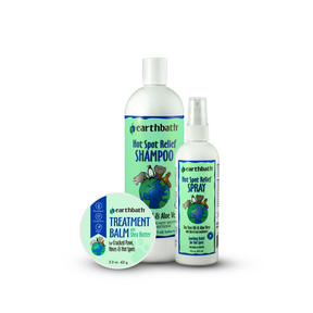 Earthbath pet care products, including shampoo, spray, and balm on a white background