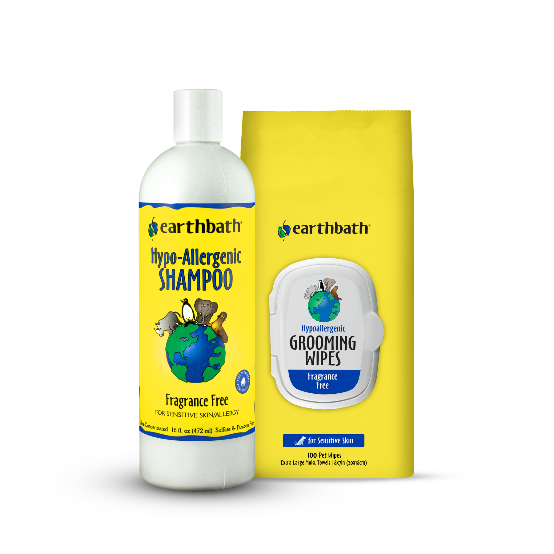 Earthbath shampoo bottle and grooming wipes packaging on a white background