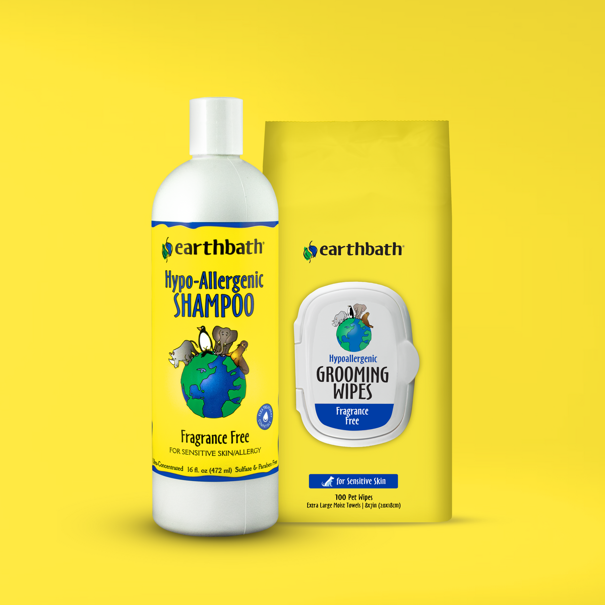 Earthbath shampoo bottle and grooming wipes packaging on a yellow background