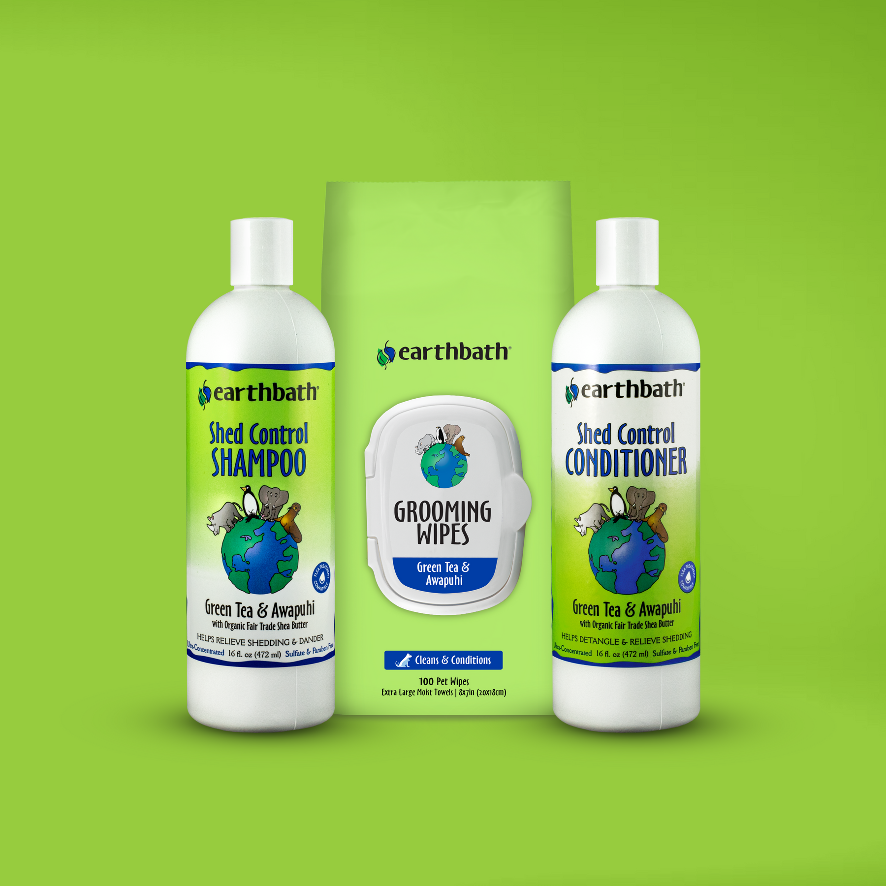 earthbath pet care products including shampoo, conditioner, and wipes on a green background