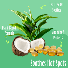 For Soothes Hot Spots, elements like tea tree oil and plant-based, vitamin E, along with their benefits.