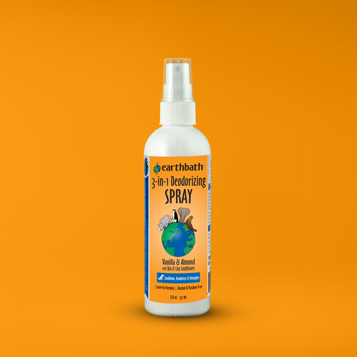 Bottle of Earthbath 3-in-1 Deodorizing Spray on an orange background