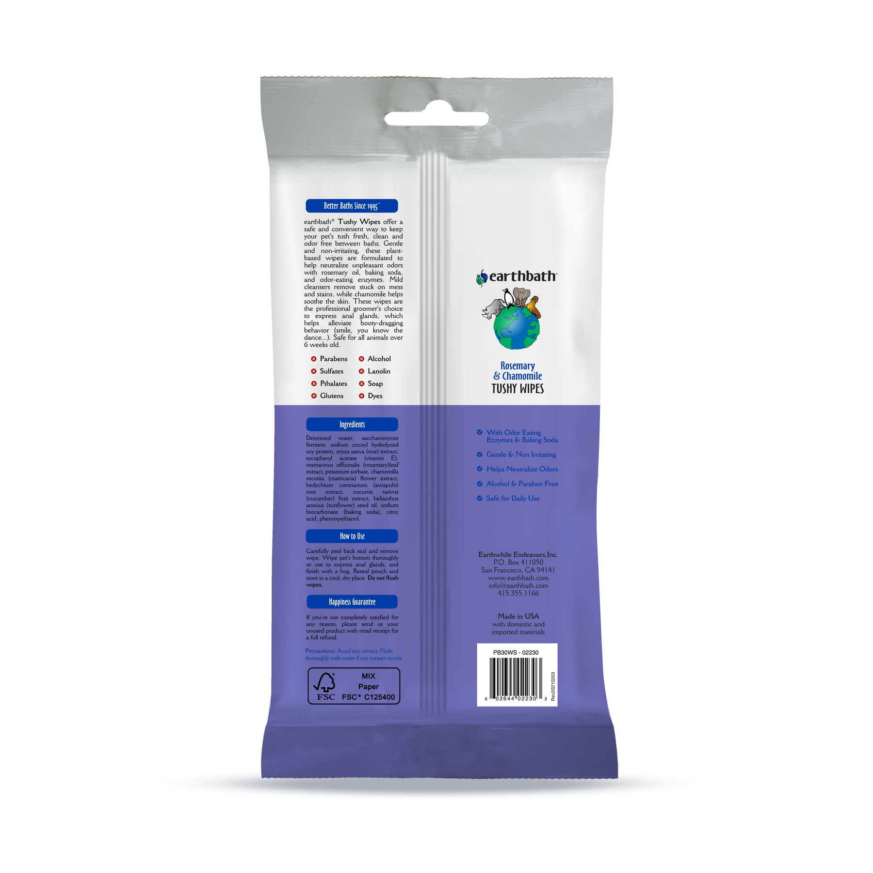 earthbath® Tushy Wipes, Rosemary & Chamomile Odor-Eating Enzymes & Baking Soda, 30 ct plant-based wipes in  re-sealable pouch