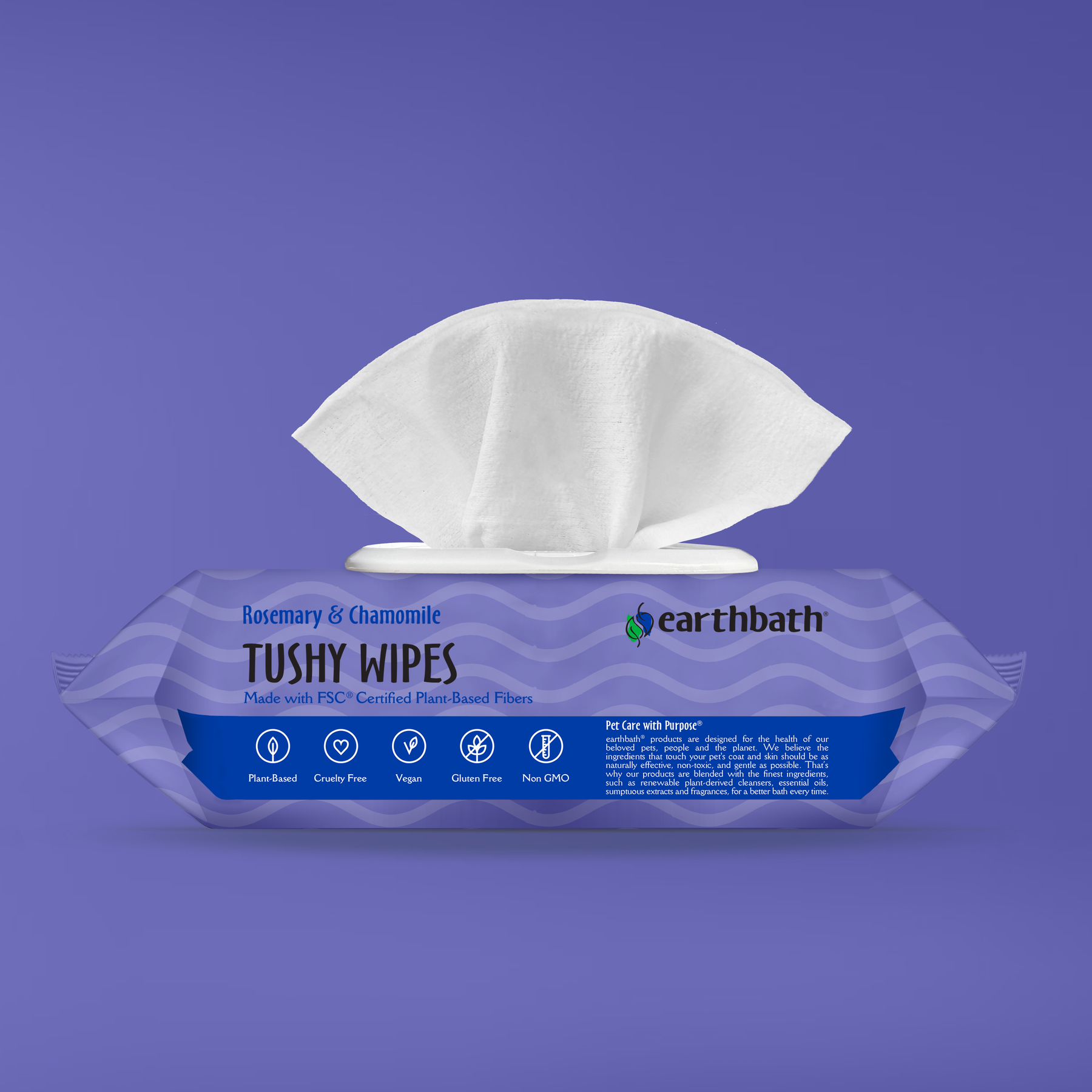 Earthbath Tushy Wipes packaging on a purple background