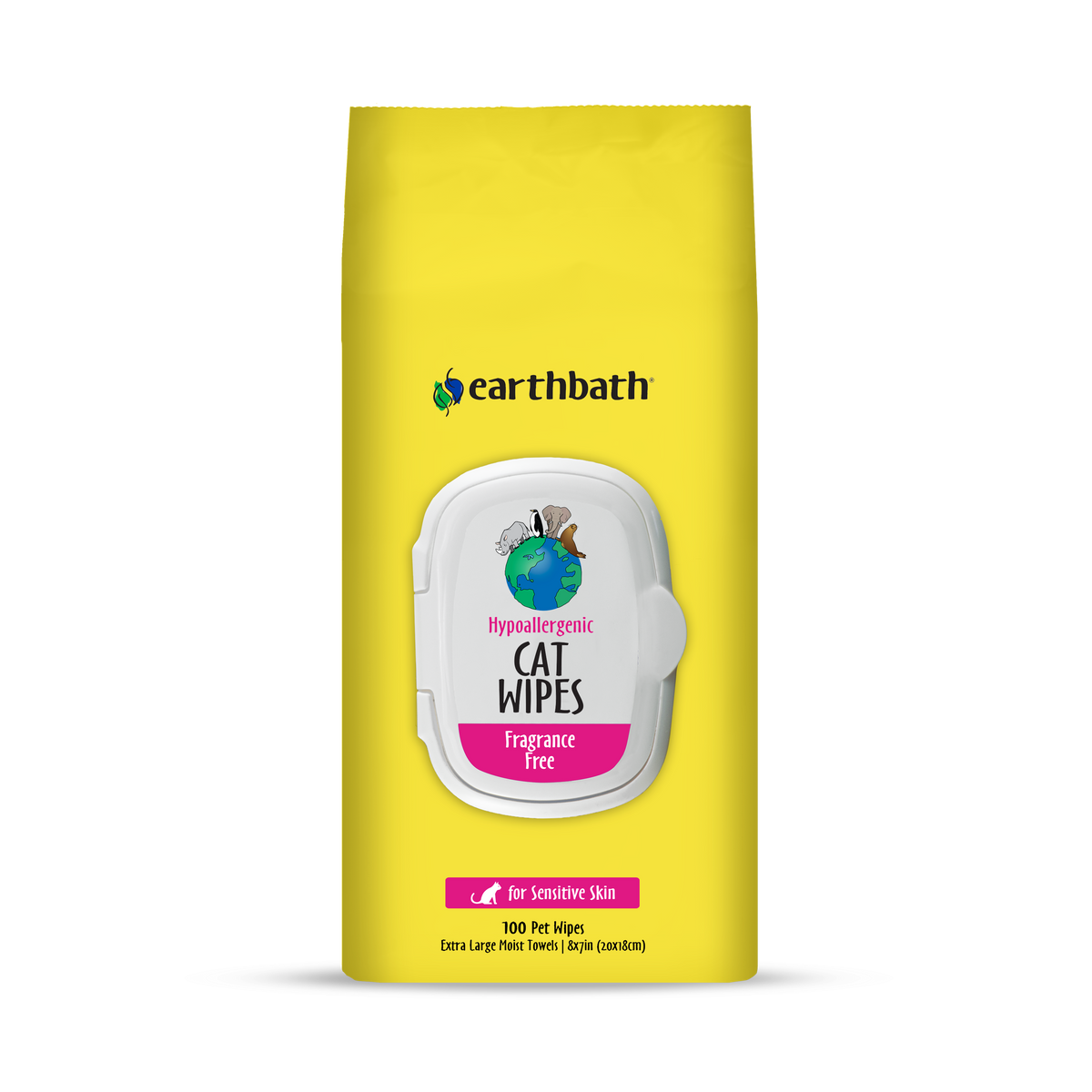A pack of earthbath Hypoallergenic Cat Wipes with a bright yellow packaging, featuring a white graphic of a cat and product details.