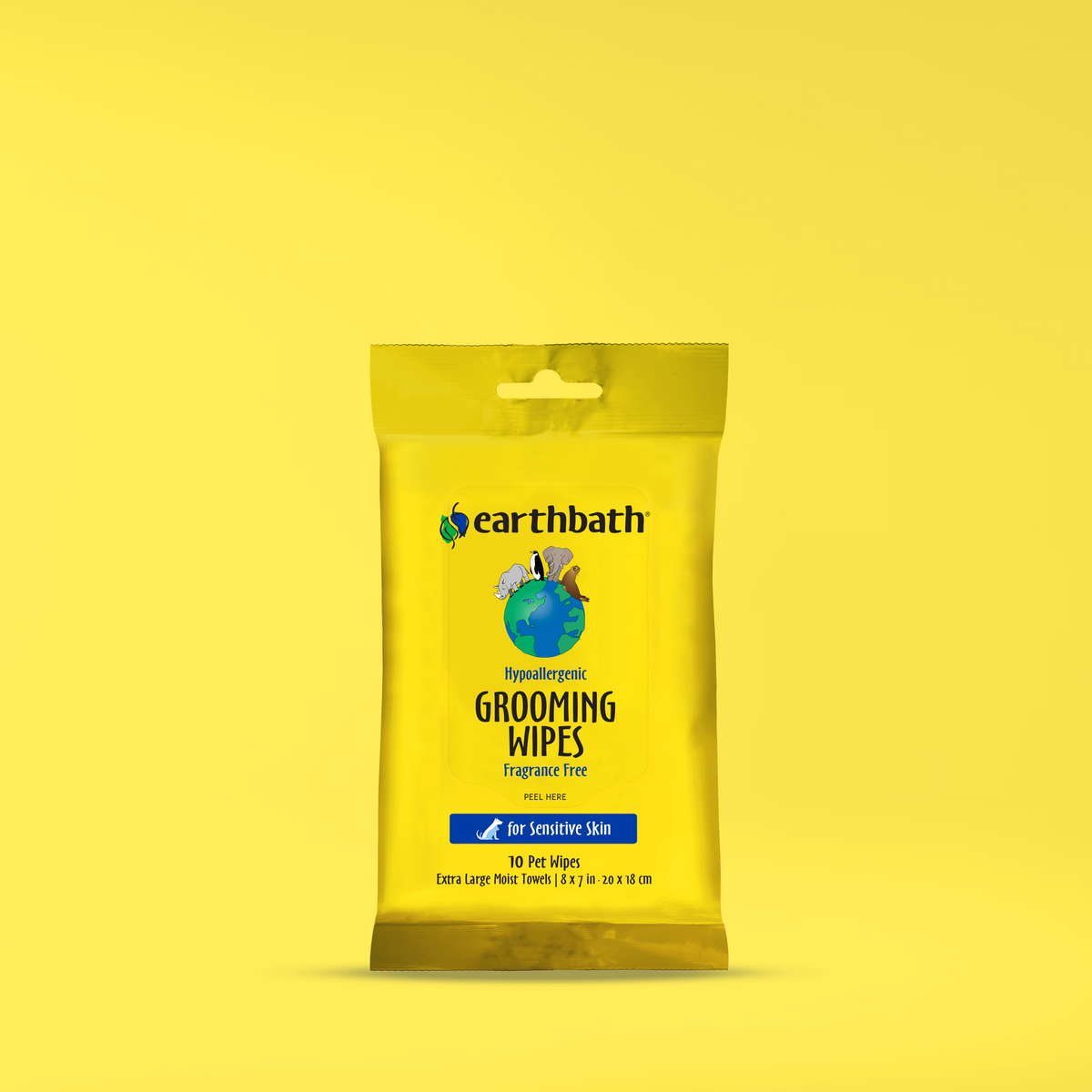 Yellow pack of Earthbath grooming wipes on a yellow background