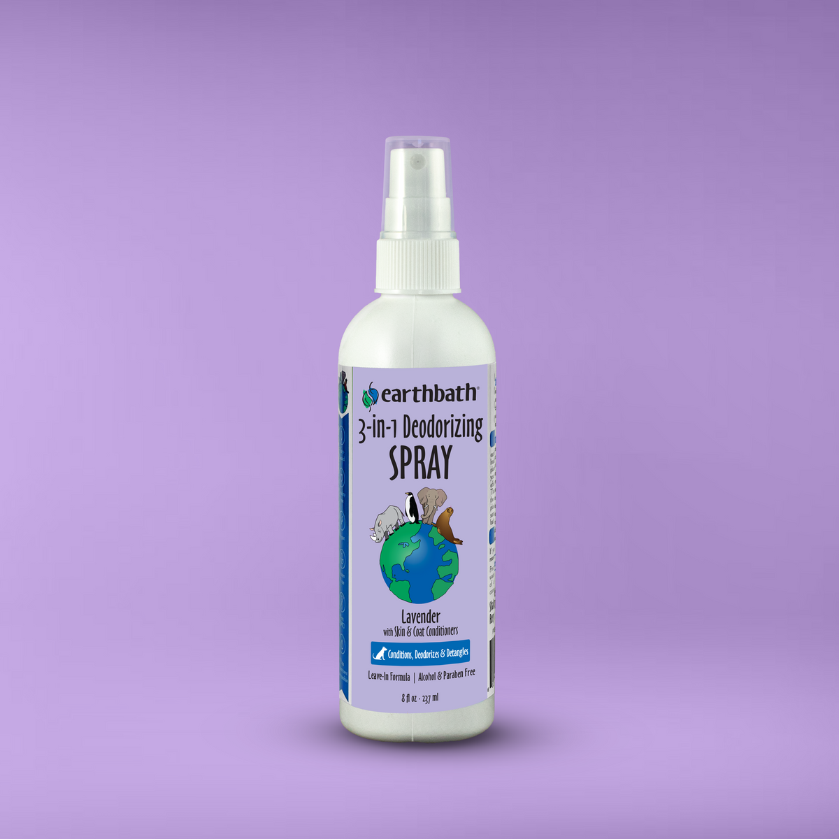 Earthbath 3-in-1 Deodorizing Spray bottle on a purple background
