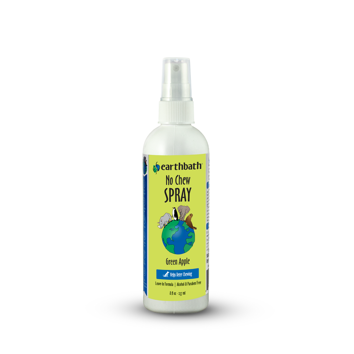 Bottle of Earthbath No Chew Spray with green apple flavor on a white background