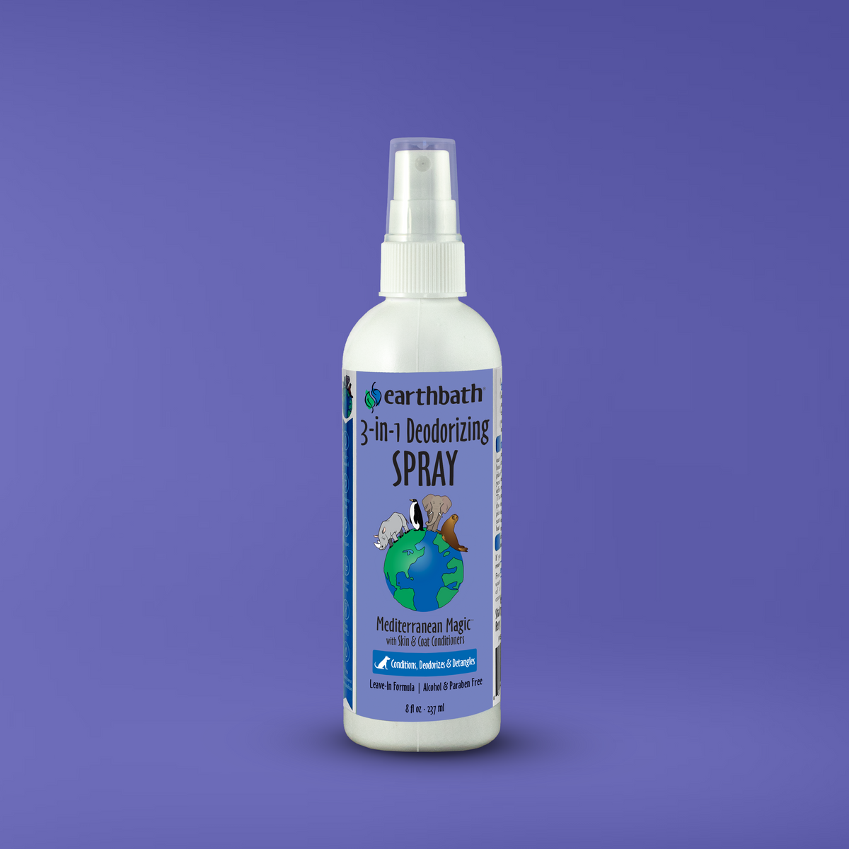 Earthbath 3-in-1 Deodorizing Spray bottle on a purple background