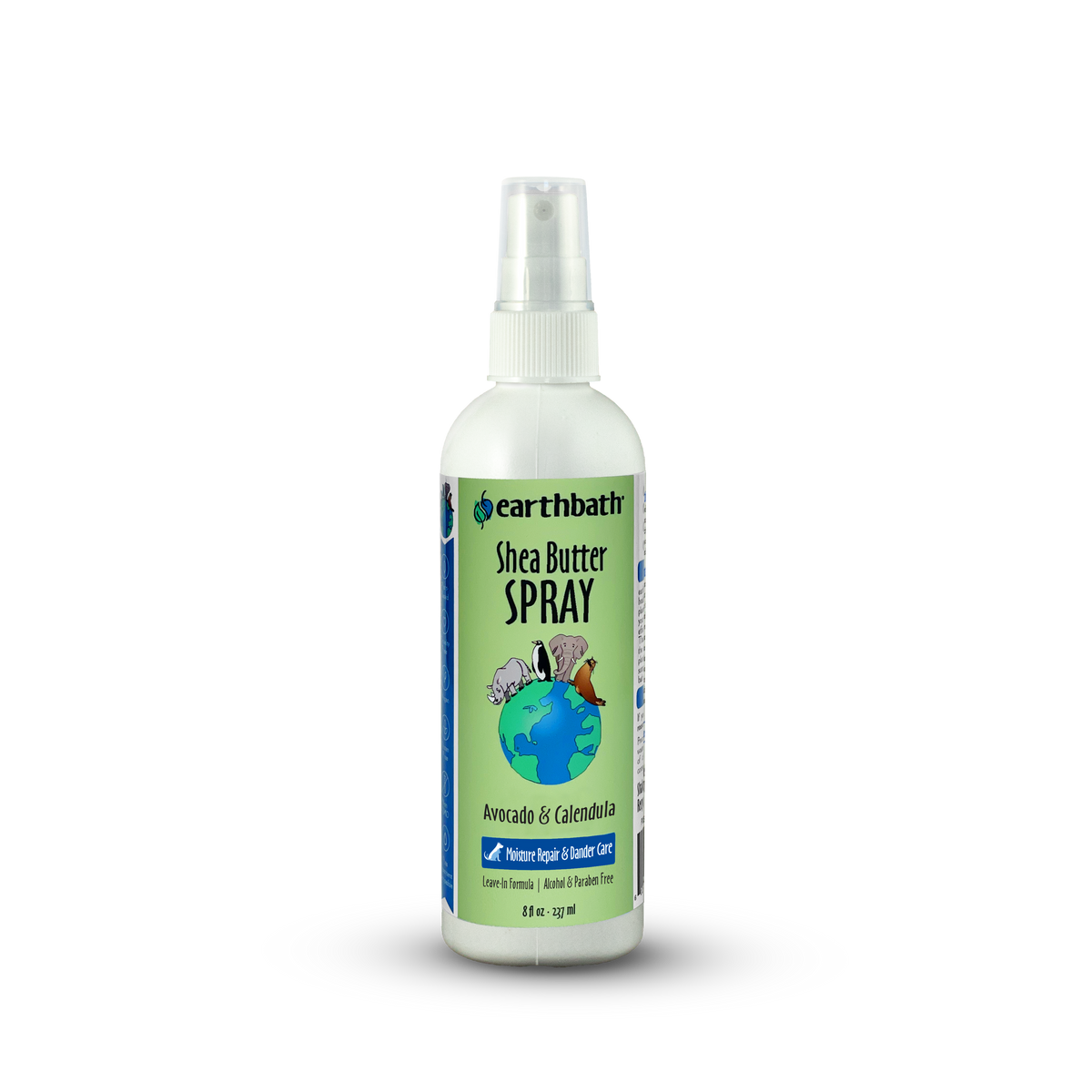 A bottle of earthbath Shea Butter Spray for pets, with a label featuring a green paw and leaf design.