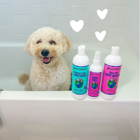 Dog with Ultra-Mild Puppy Grooming Set with hearts