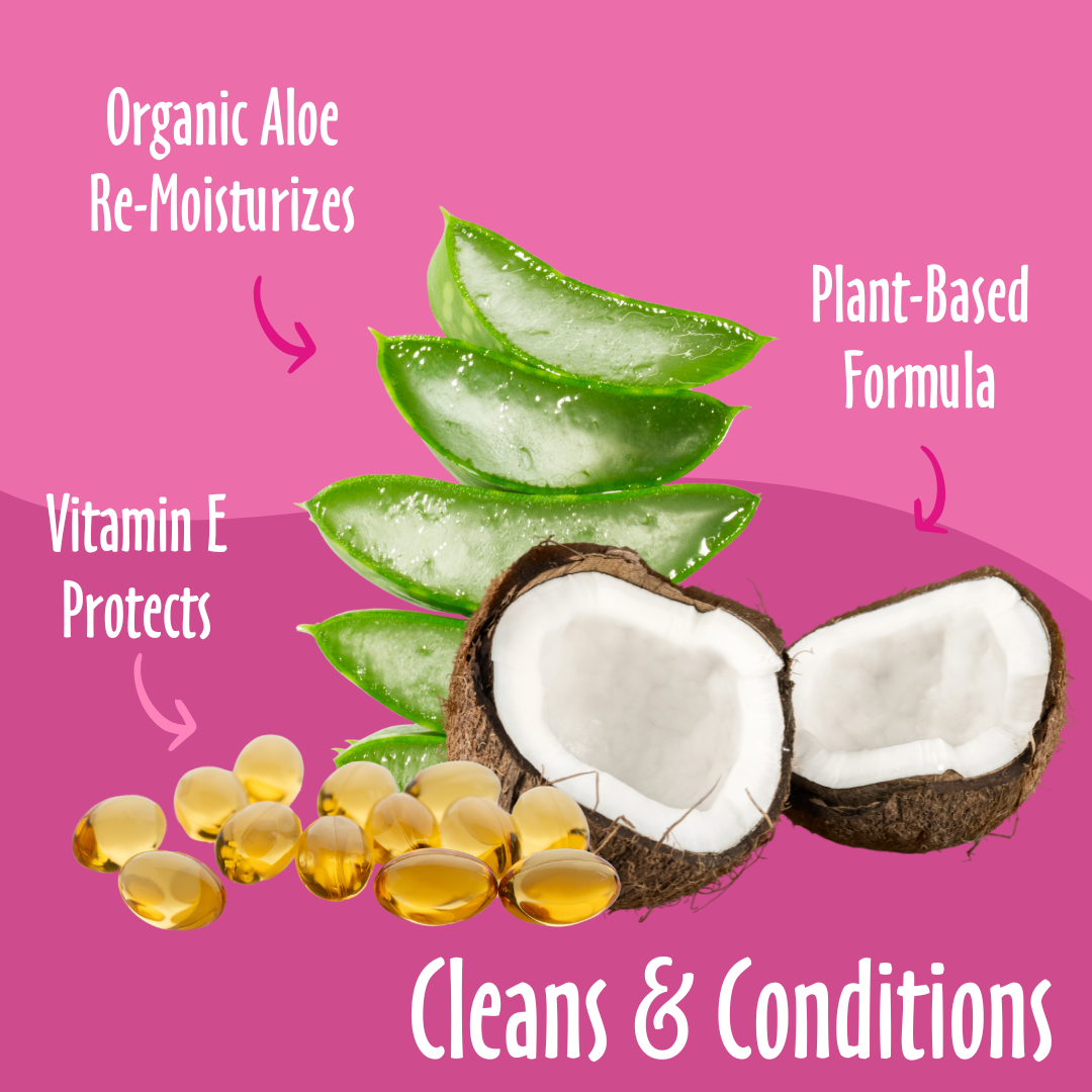 For Cleans & Conditions, elements like organic aloe, plant-based, vitamin E, along with their benefits.