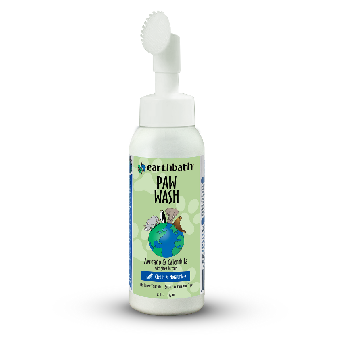 A bottle of earthbath Paw Wash with a white spray pump and a label that shows the product name with an illustration of animals on the front.