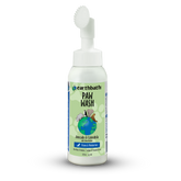 A bottle of earthbath Paw Wash with a white spray pump and a label that shows the product name with an illustration of animals on the front.