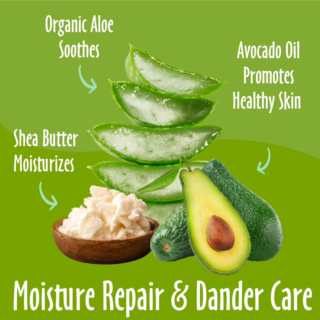 Moisture Repair & Dander Care elements like organic aloe, comfrey and shea butter and their benefits.