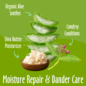Moisture Repair & Dander Care elements like organic aloe, comfrey and shea butter and their benefits.