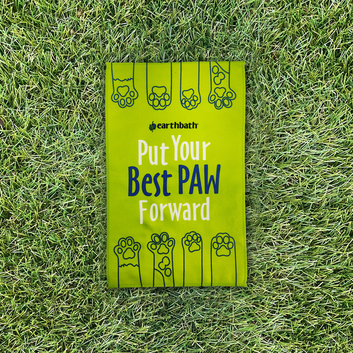 Microfiber Paw Towel with Put Your Best Paw Forward text on grass