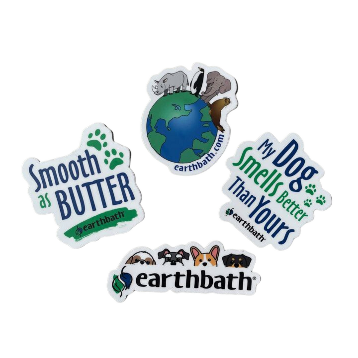 A set of four vinyl decal stickers with various designs on a white background.